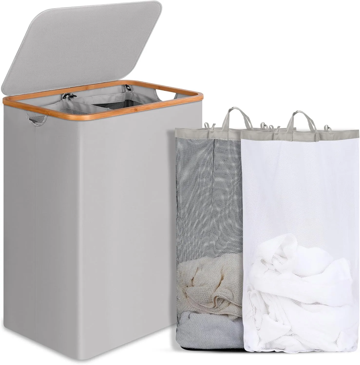 Laundry Hamper with Lid, 160L Tall Laundry Basket with Bamboo Handles for Clothes and Toys, Collapsible Laundry Hamper with 2 Inner Bags for Bedroom and Bathroom, Dove Gray
