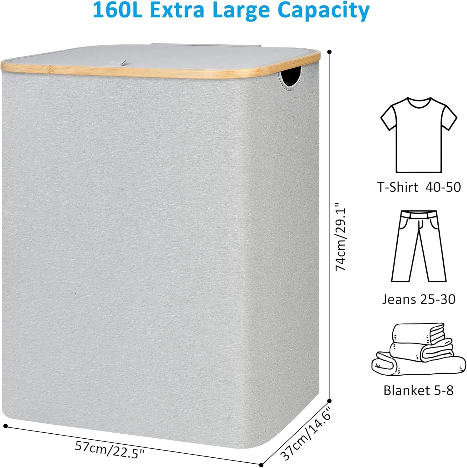 Laundry Hamper with Lid, 160L Tall Laundry Basket with Bamboo Handles for Clothes and Toys, Collapsible Laundry Hamper with 2 Inner Bags for Bedroom and Bathroom, Dove Gray