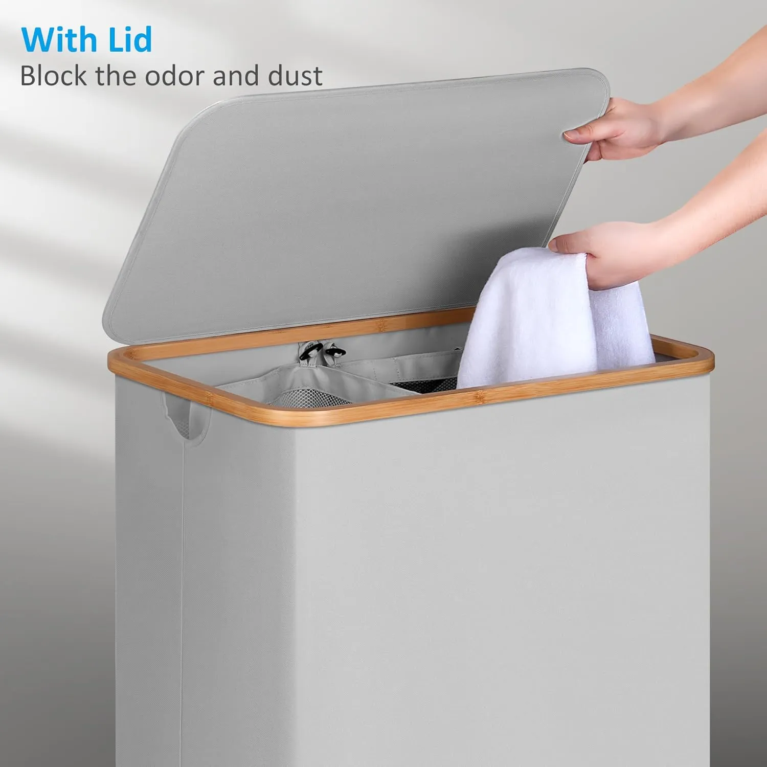 Laundry Hamper with Lid, 160L Tall Laundry Basket with Bamboo Handles for Clothes and Toys, Collapsible Laundry Hamper with 2 Inner Bags for Bedroom and Bathroom, Dove Gray