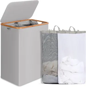 Laundry Hamper with Lid, 160L Tall Laundry Basket with Bamboo Handles for Clothes and Toys, Collapsible Laundry Hamper with 2 Inner Bags for Bedroom and Bathroom, Dove Gray