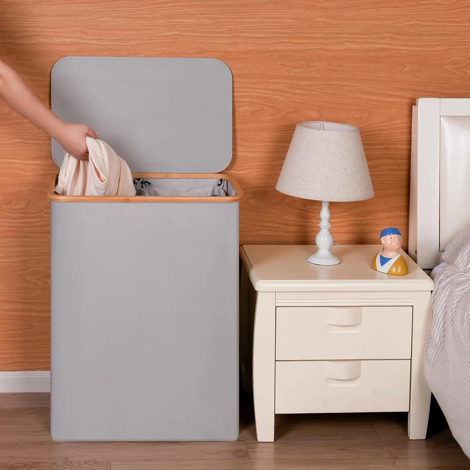 Laundry Hamper with Lid, 160L Tall Laundry Basket with Bamboo Handles for Clothes and Toys, Collapsible Laundry Hamper with 2 Inner Bags for Bedroom and Bathroom, Dove Gray
