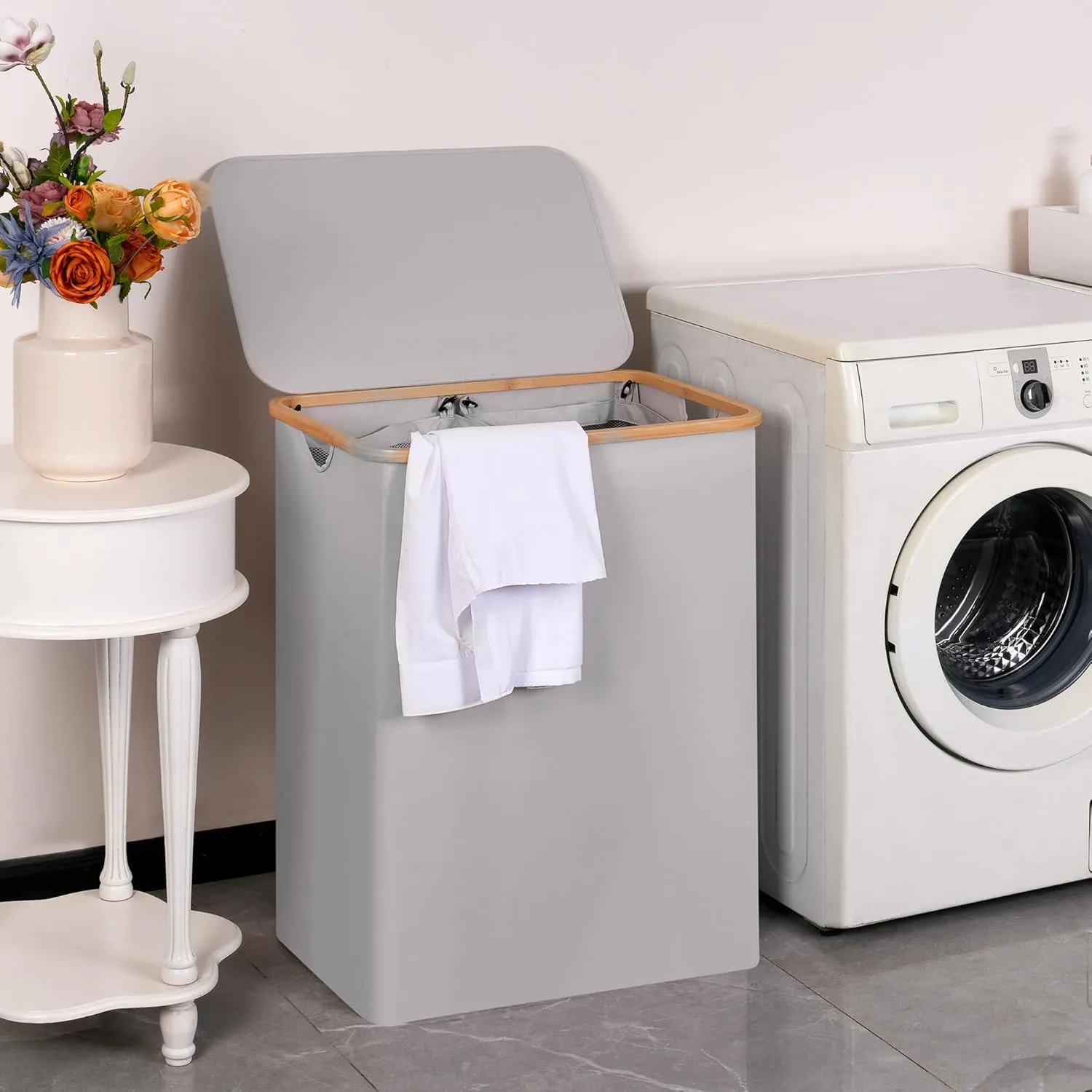 Laundry Hamper with Lid, 160L Tall Laundry Basket with Bamboo Handles for Clothes and Toys, Collapsible Laundry Hamper with 2 Inner Bags for Bedroom and Bathroom, Dove Gray