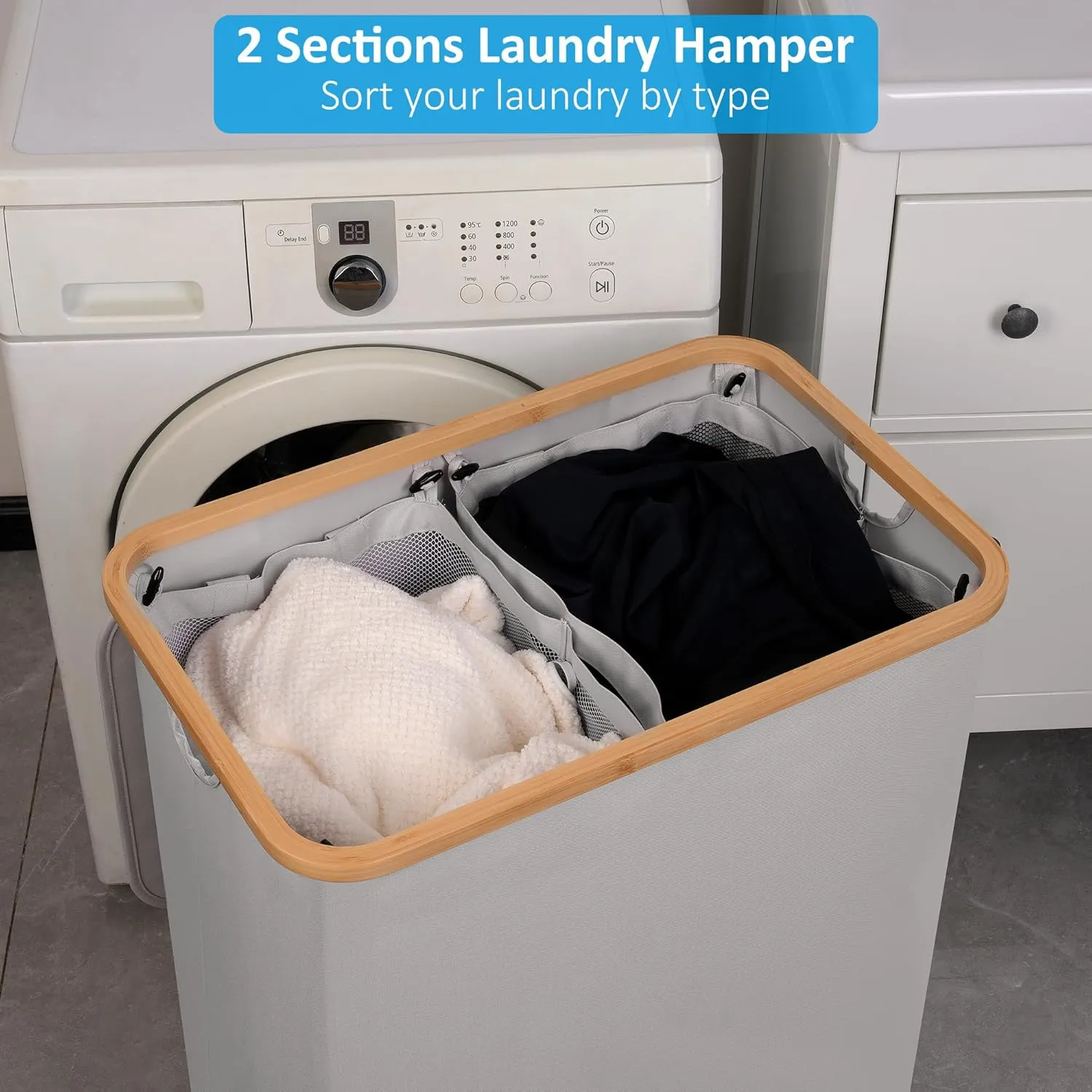 Laundry Hamper with Lid, 160L Tall Laundry Basket with Bamboo Handles for Clothes and Toys, Collapsible Laundry Hamper with 2 Inner Bags for Bedroom and Bathroom, Dove Gray