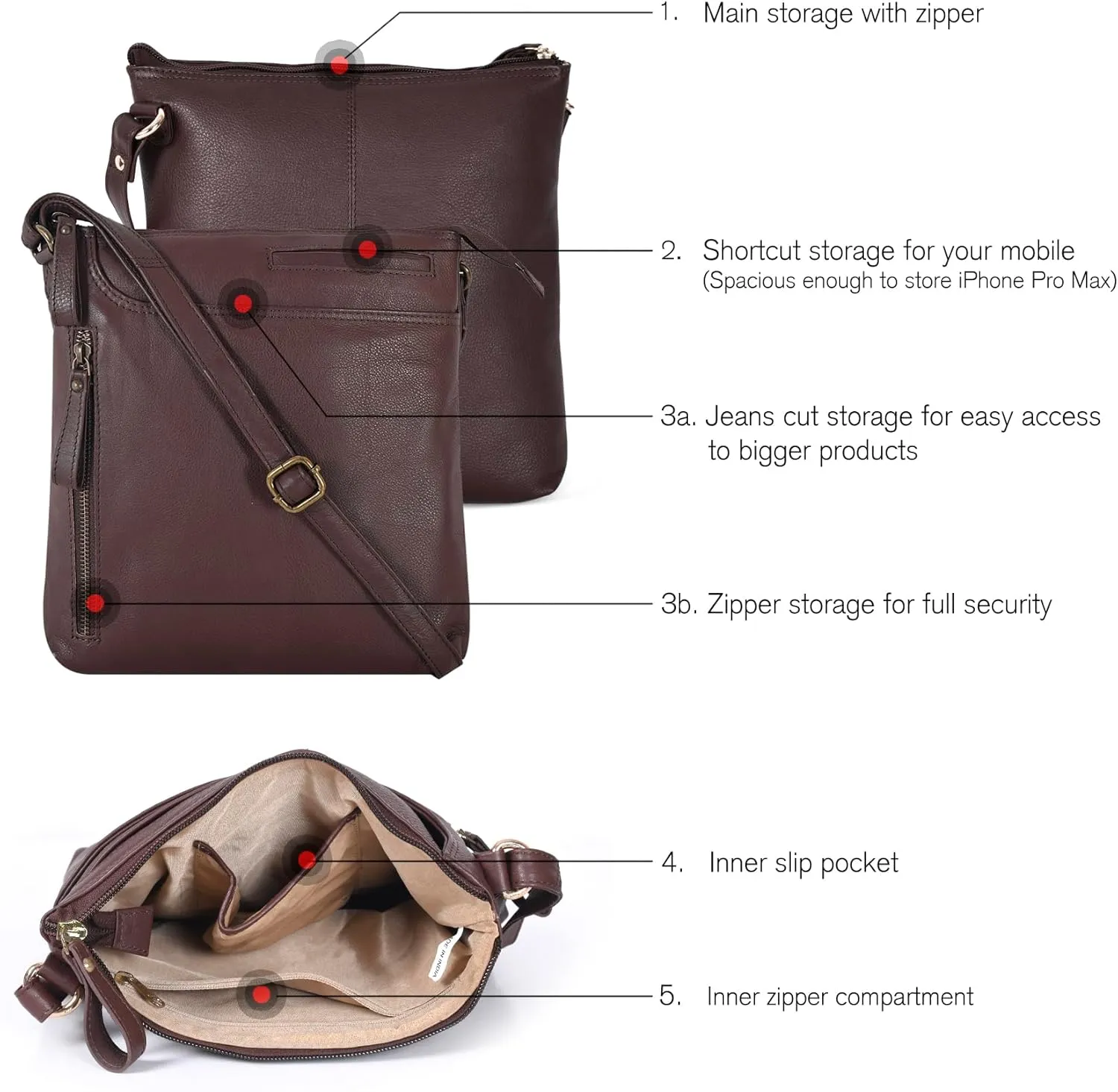 Leather Crossbody Bags for Women - Ladies Sling Handbags - Medium Cross body Purses Handbags - Purses For Women