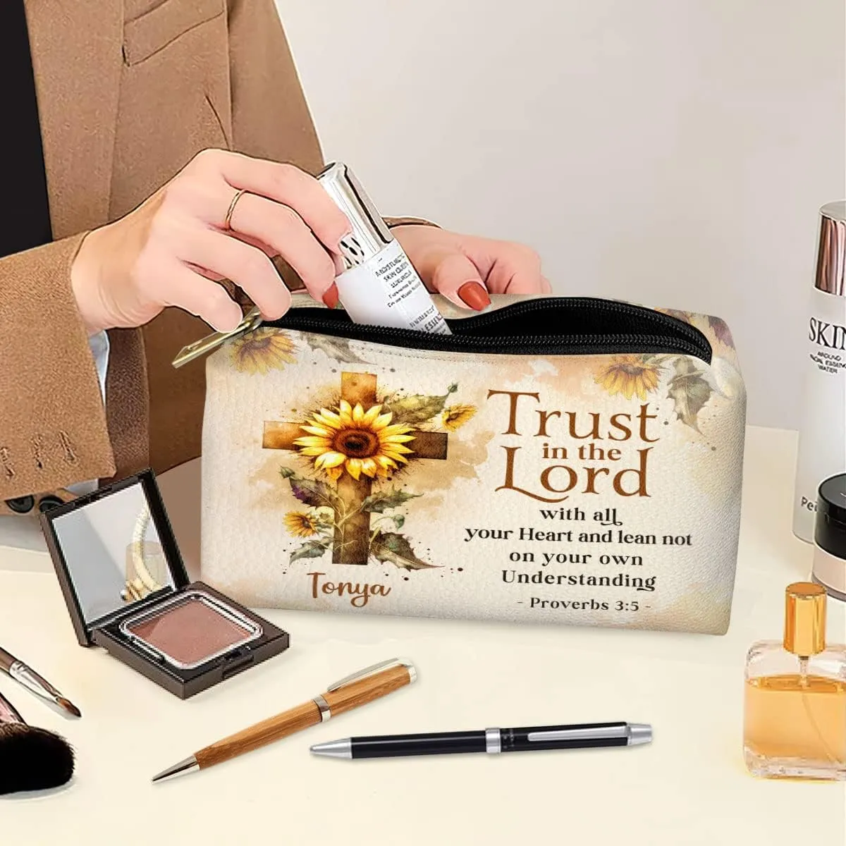 Leather Makeup Pouch For Women - Personalized Zippered Sunflower Cosmetic Bag With Name - Religious Bible Verse Gifts For Women Of God Makeup Pouch - Trust In The Lord