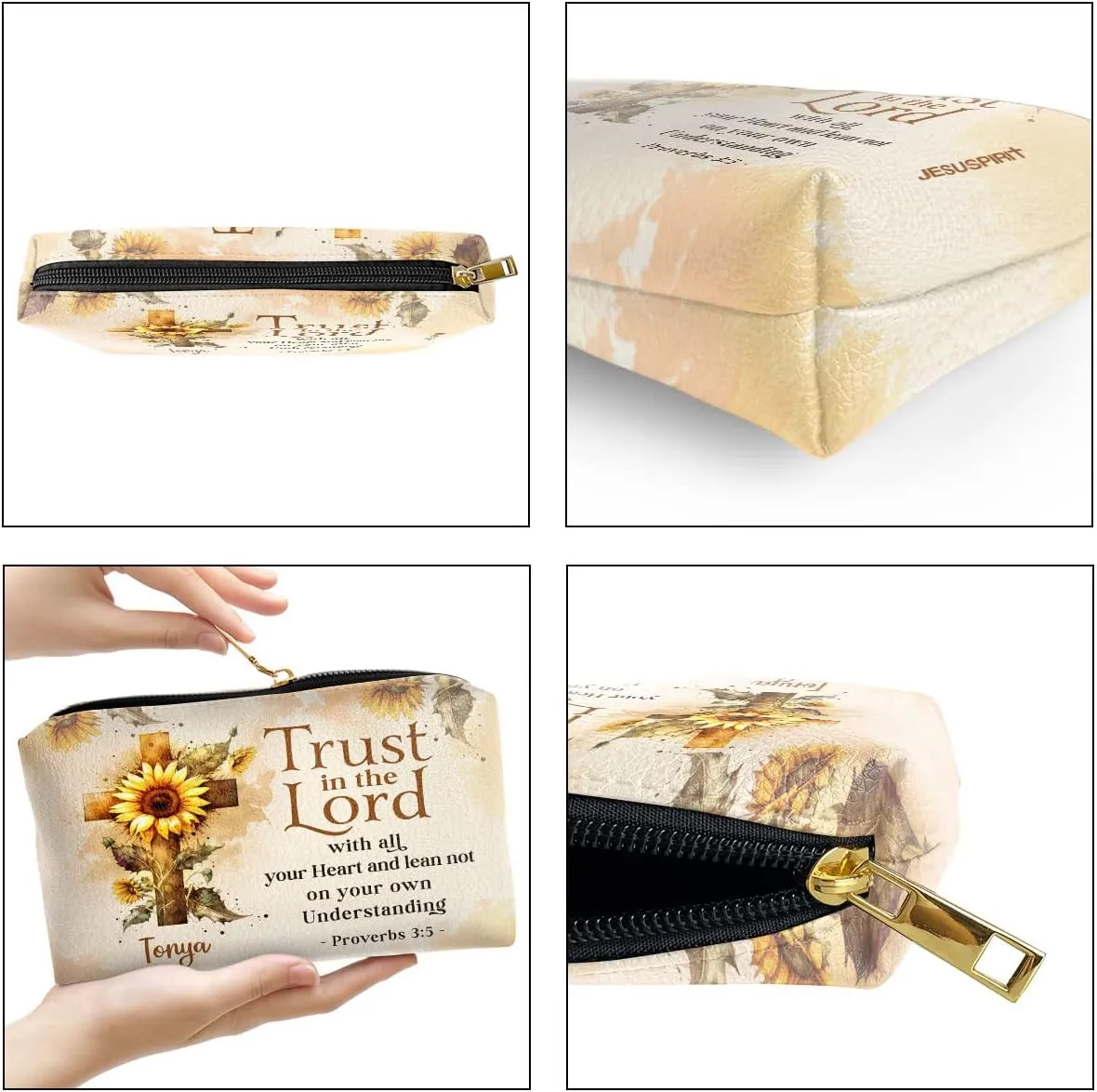 Leather Makeup Pouch For Women - Personalized Zippered Sunflower Cosmetic Bag With Name - Religious Bible Verse Gifts For Women Of God Makeup Pouch - Trust In The Lord