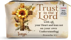 Leather Makeup Pouch For Women - Personalized Zippered Sunflower Cosmetic Bag With Name - Religious Bible Verse Gifts For Women Of God Makeup Pouch - Trust In The Lord