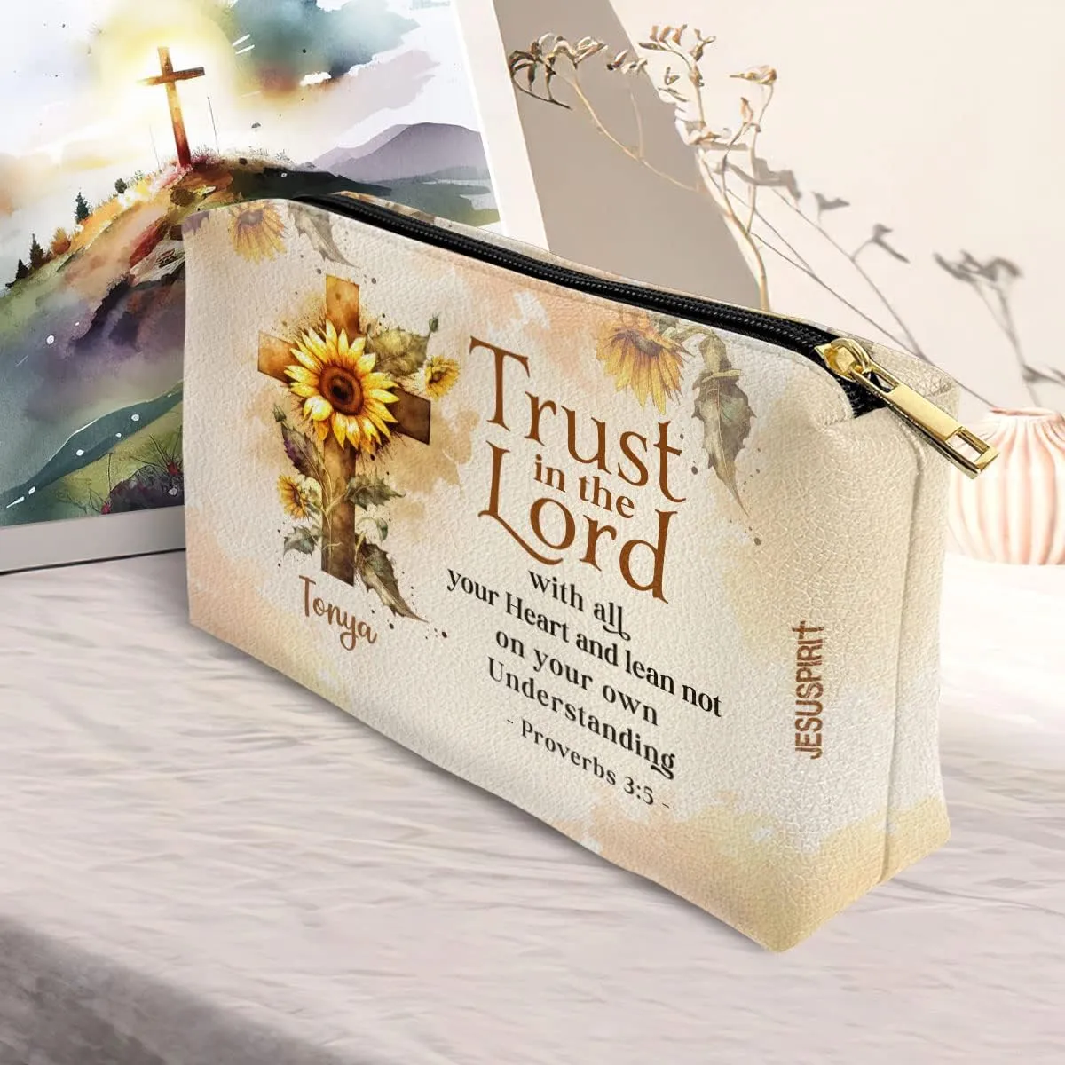 Leather Makeup Pouch For Women - Personalized Zippered Sunflower Cosmetic Bag With Name - Religious Bible Verse Gifts For Women Of God Makeup Pouch - Trust In The Lord