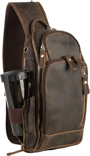 Leather Sling Bag - Crossbody Shoulder Bag for Men & Women, Vintage Backpack Fit for 11 inch iPad (Brown)