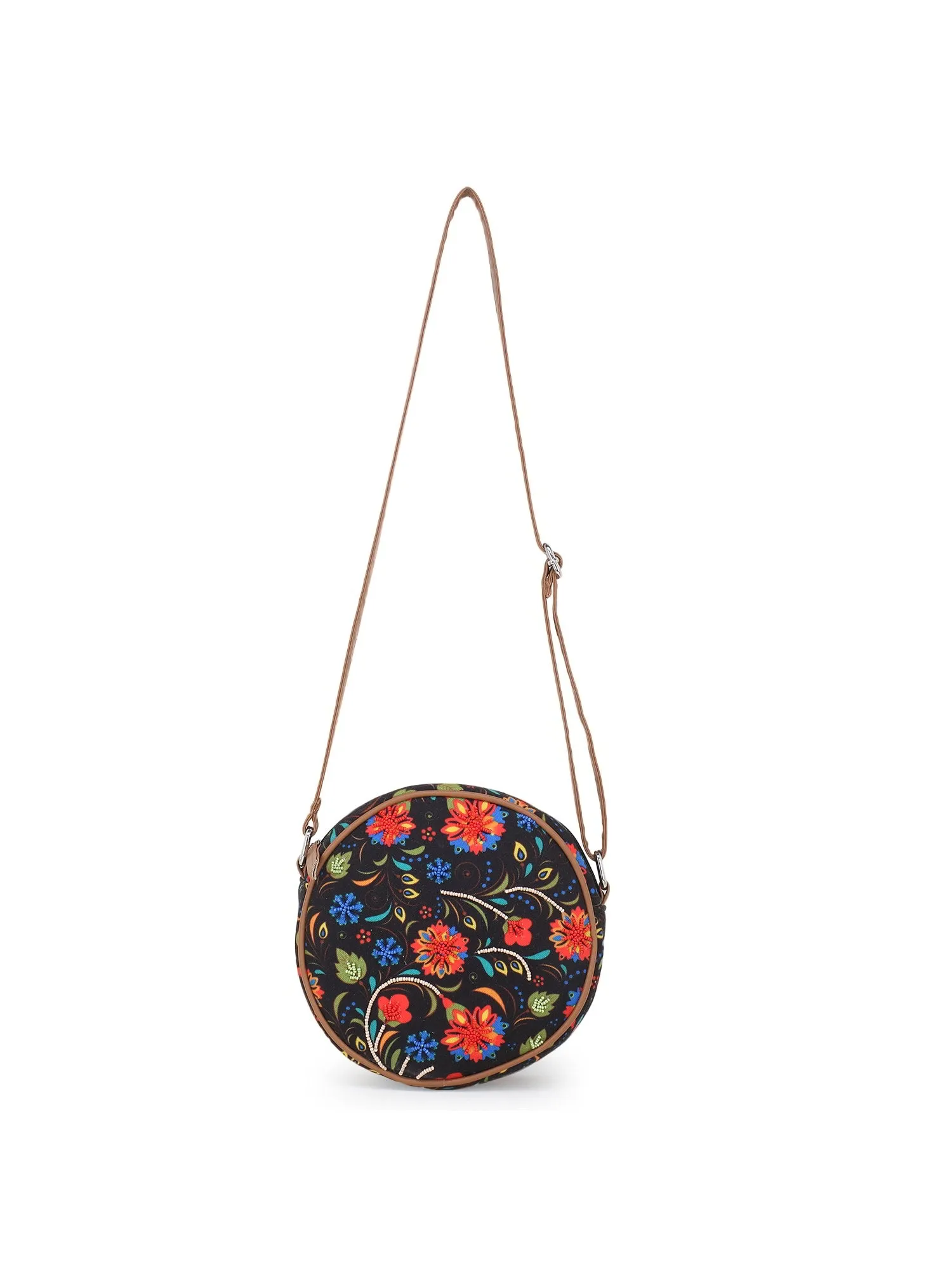 Leatherette Canvas Round Crossbody Bag
