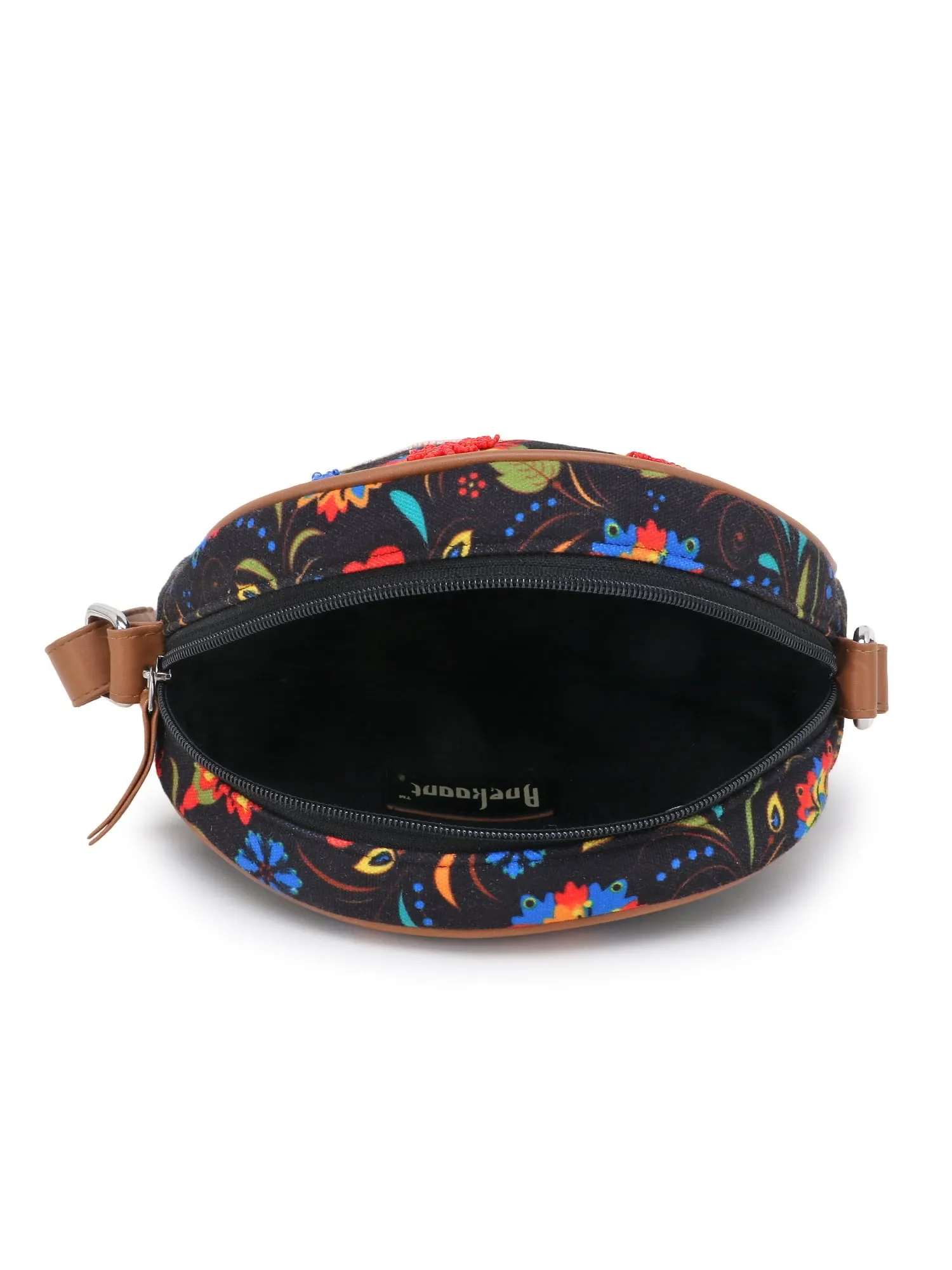 Leatherette Canvas Round Crossbody Bag