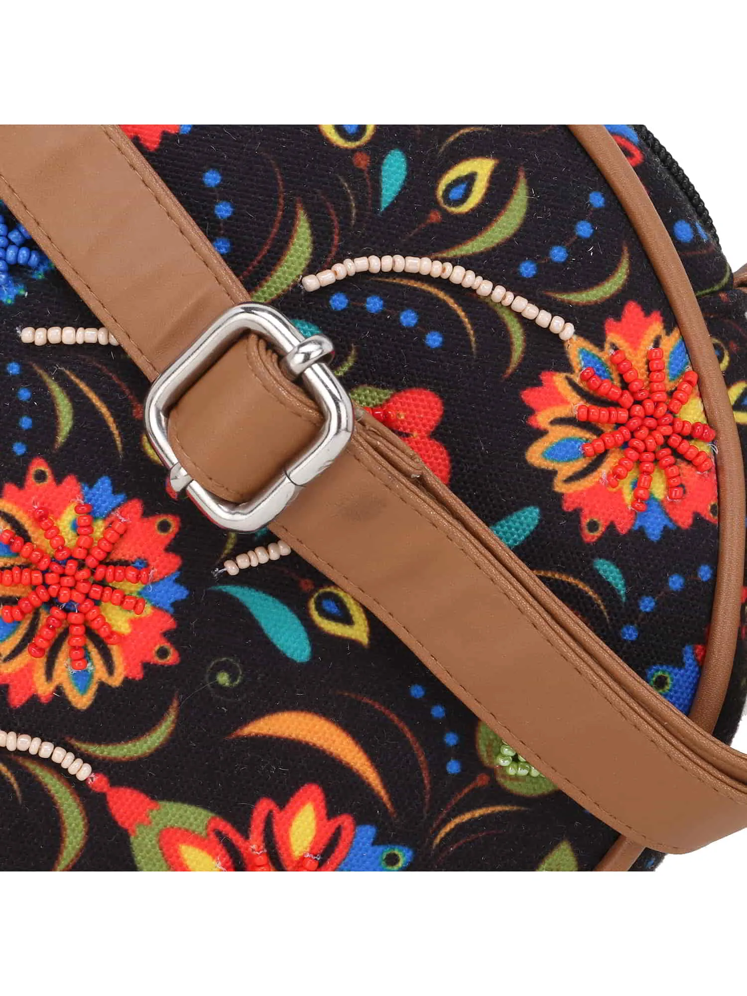 Leatherette Canvas Round Crossbody Bag