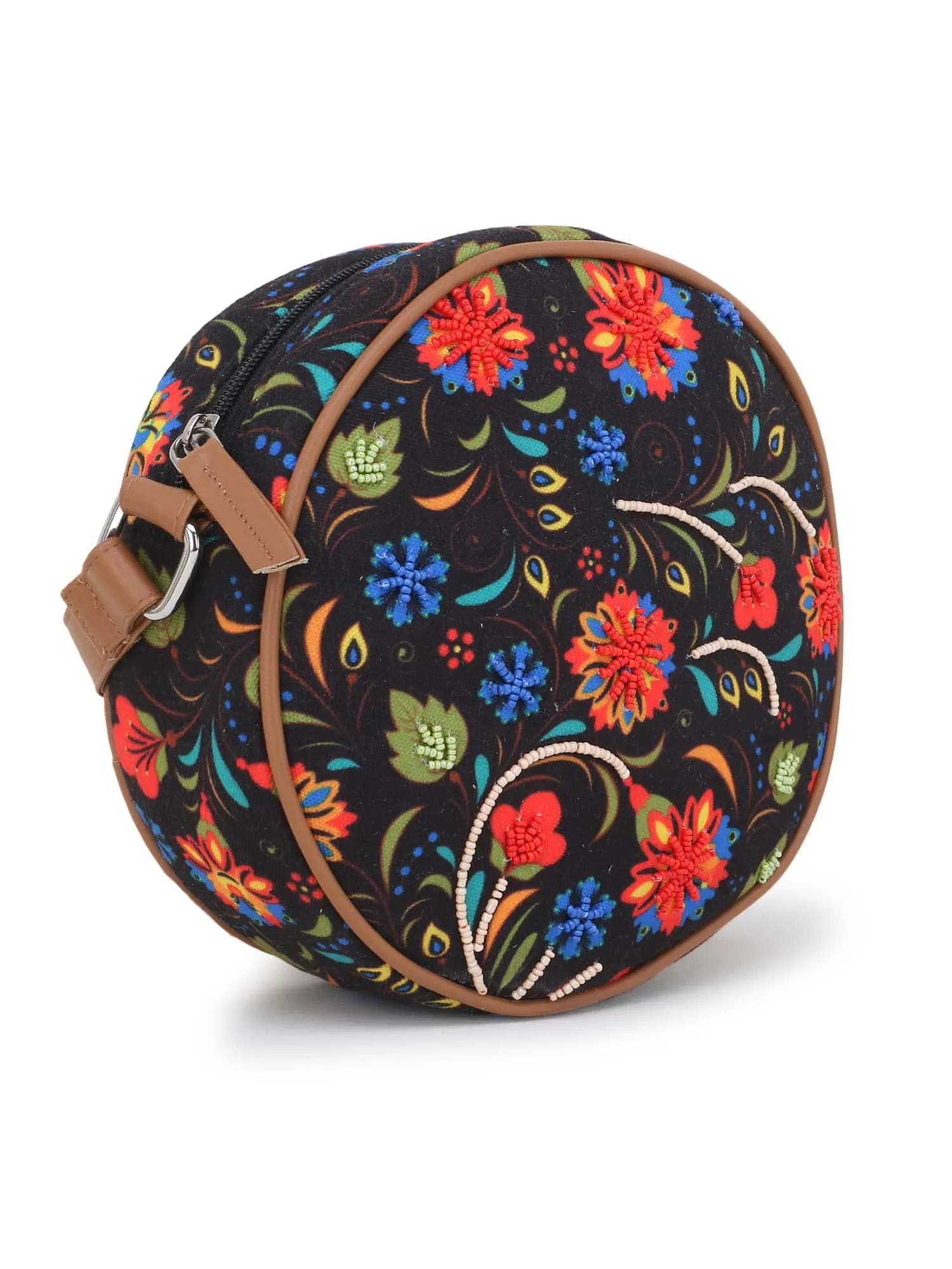 Leatherette Canvas Round Crossbody Bag