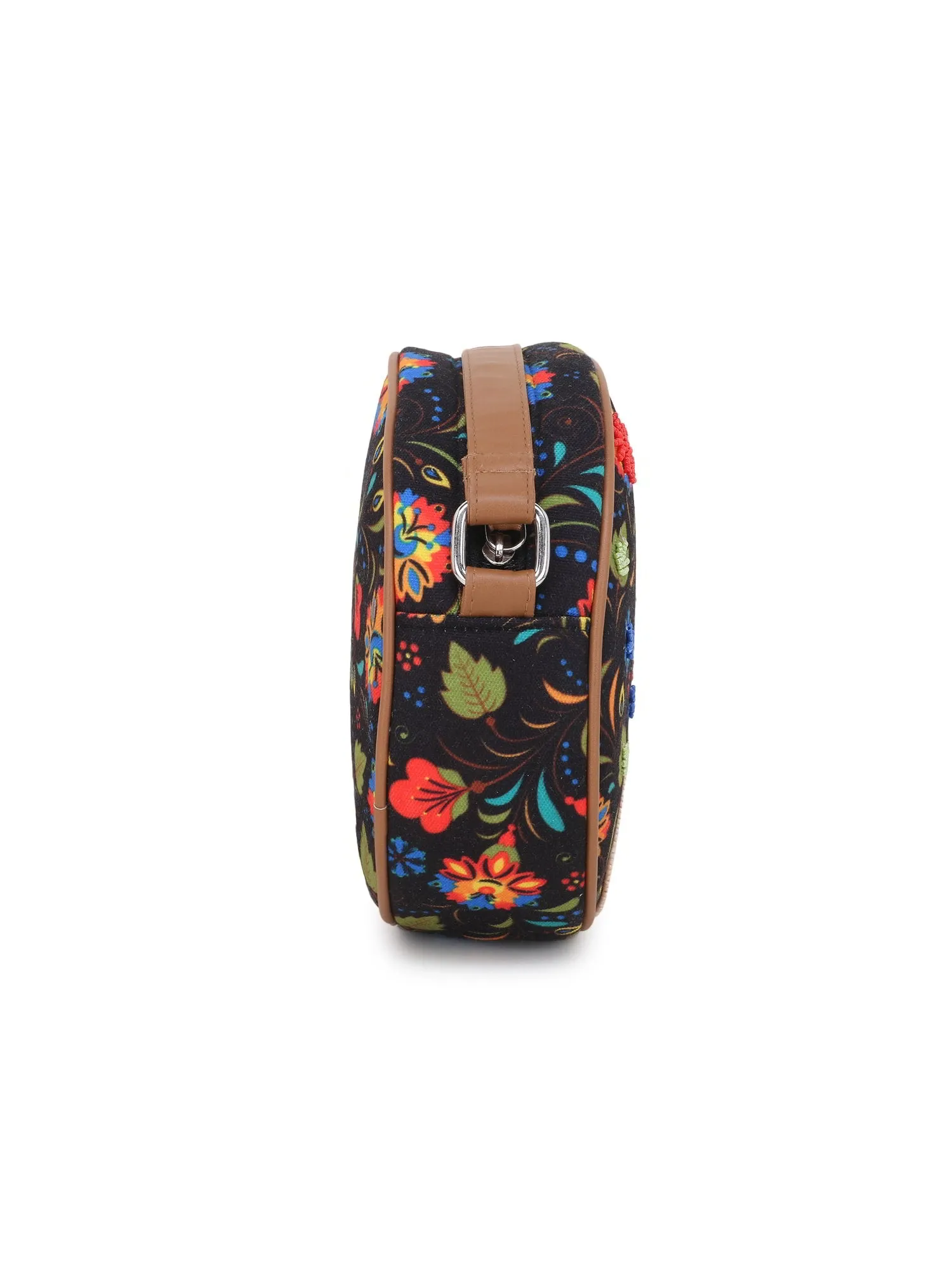 Leatherette Canvas Round Crossbody Bag
