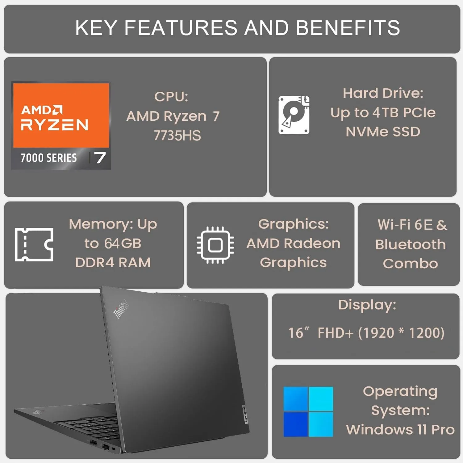 Lenovo ThinkPad E16 G2 Business Laptop Computer, 16" FHD , AMD 8-Core Ryzen 7 7735HS (Beat i7-1360P), 64GB DDR5, 1TB PCIe SSD, WiFi 6E, Fingerprint Reader, Backlit Keyboard, Windows 11 Pro, AZ-XUT