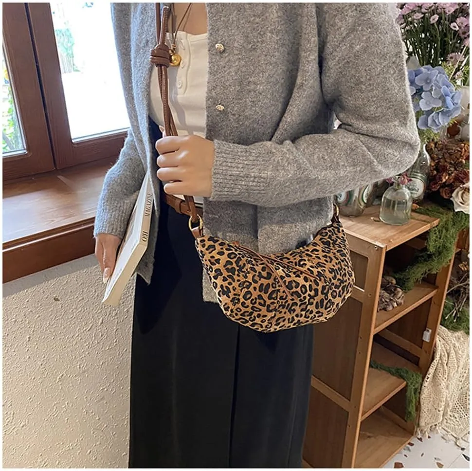 Leopard Print Crescent Bag for Women Cheetah Print Hobo Crescent Crossbody Bag Casual Vintage Sling Half Moon Bag