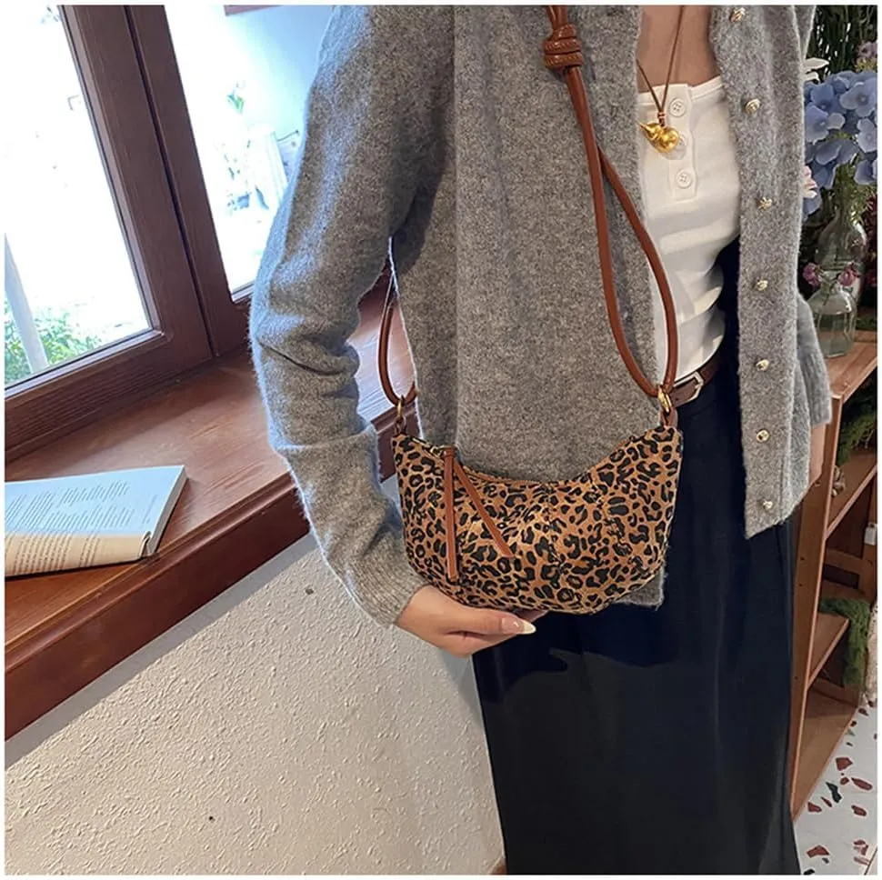 Leopard Print Crescent Bag for Women Cheetah Print Hobo Crescent Crossbody Bag Casual Vintage Sling Half Moon Bag