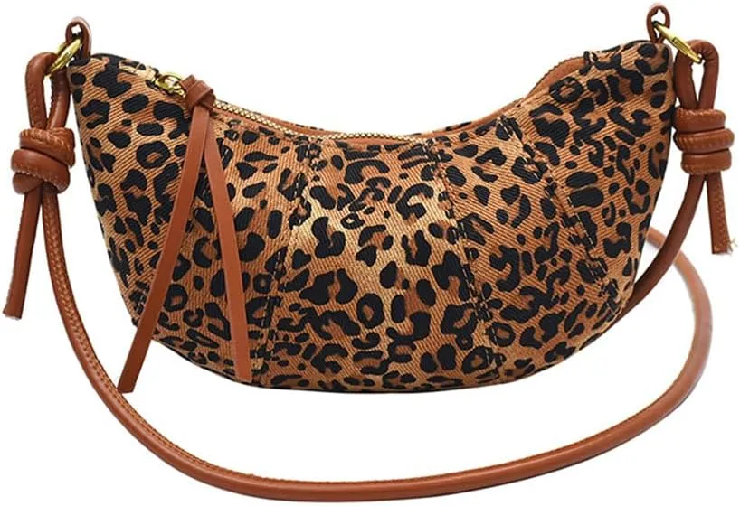 Leopard Print Crescent Bag for Women Cheetah Print Hobo Crescent Crossbody Bag Casual Vintage Sling Half Moon Bag