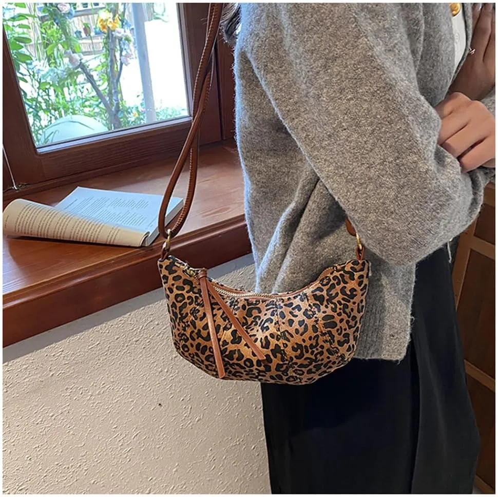 Leopard Print Crescent Bag for Women Cheetah Print Hobo Crescent Crossbody Bag Casual Vintage Sling Half Moon Bag