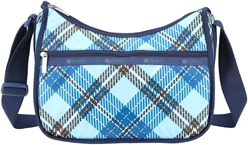 LeSportsac Bold Plaid Classic Hobo Crossbody Bag   Cosmetic Bag, Style 7520/Color E777, Large Format Modern Interpretive Plaid Unites Sky Blue, Lapis Blue, Black, Lavender & Orange, Unique Design