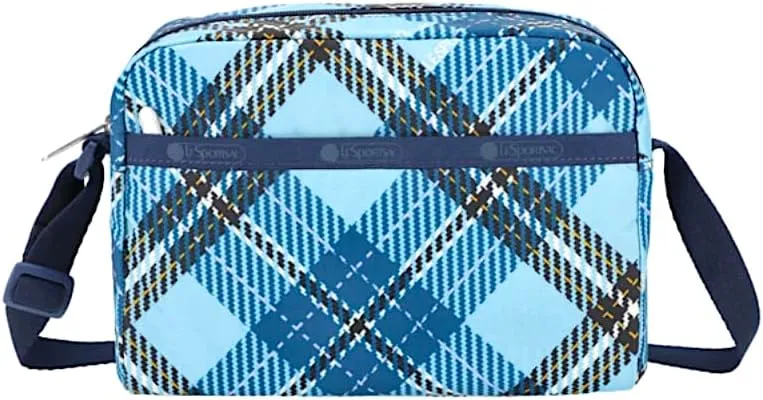 LeSportsac Bold Plaid Daniella Crossbody Bag, Style 2434/Color E777, Large Format Modern Interpretive Plaid Unites Sky Blue, Lapis Blue, Black, Lavender & Orange, Unique Design