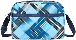 LeSportsac Bold Plaid Daniella Crossbody Bag, Style 2434/Color E777, Large Format Modern Interpretive Plaid Unites Sky Blue, Lapis Blue, Black, Lavender & Orange, Unique Design