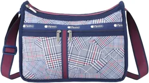 LeSportsac Puzzled Plaid Deluxe Everyday Crossbody Bag   Cosmetic Bag, Style 7507/Color E712, Unique Multi-Dimensional Abstract Modern Glen Plaid, Fashion Trending Burgundy & Navy Blue, 2 Tone Strap