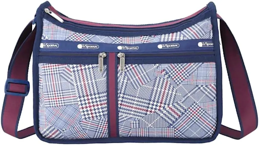 LeSportsac Puzzled Plaid Deluxe Everyday Crossbody Bag   Cosmetic Bag, Style 7507/Color E712, Unique Multi-Dimensional Abstract Modern Glen Plaid, Fashion Trending Burgundy & Navy Blue, 2 Tone Strap