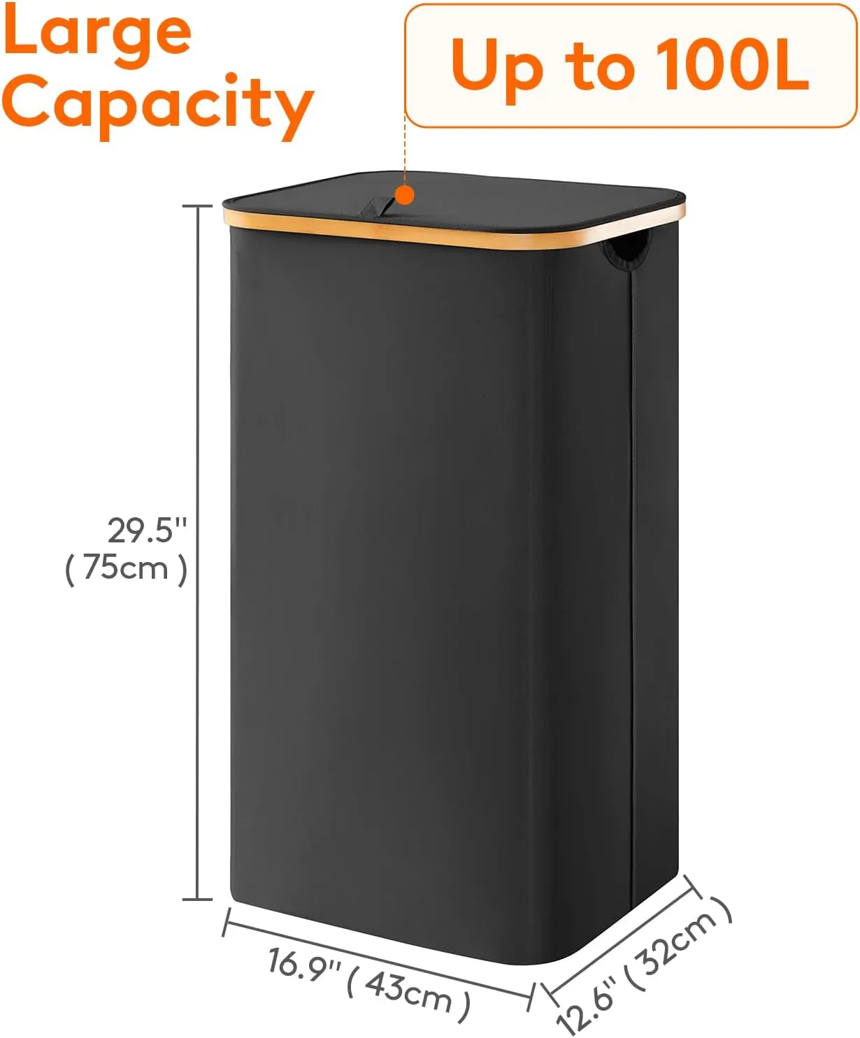 Lifewit 100L Laundry Basket with Lid, Clothes Hampers for Laundry with Bamboo Handles and A Removable Bag, Large Foldable Laundry Hamper for Bedroom, Bathroom, Dorm, Laundry Room, Black