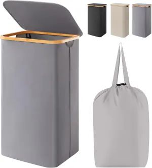 Lifewit 100L Laundry Basket with Lid, Clothes Hampers for Laundry with Bamboo Handles and A Removable Bag, Large Foldable Laundry Hamper for Bedroom, Bathroom, Dorm, Laundry Room, Gray