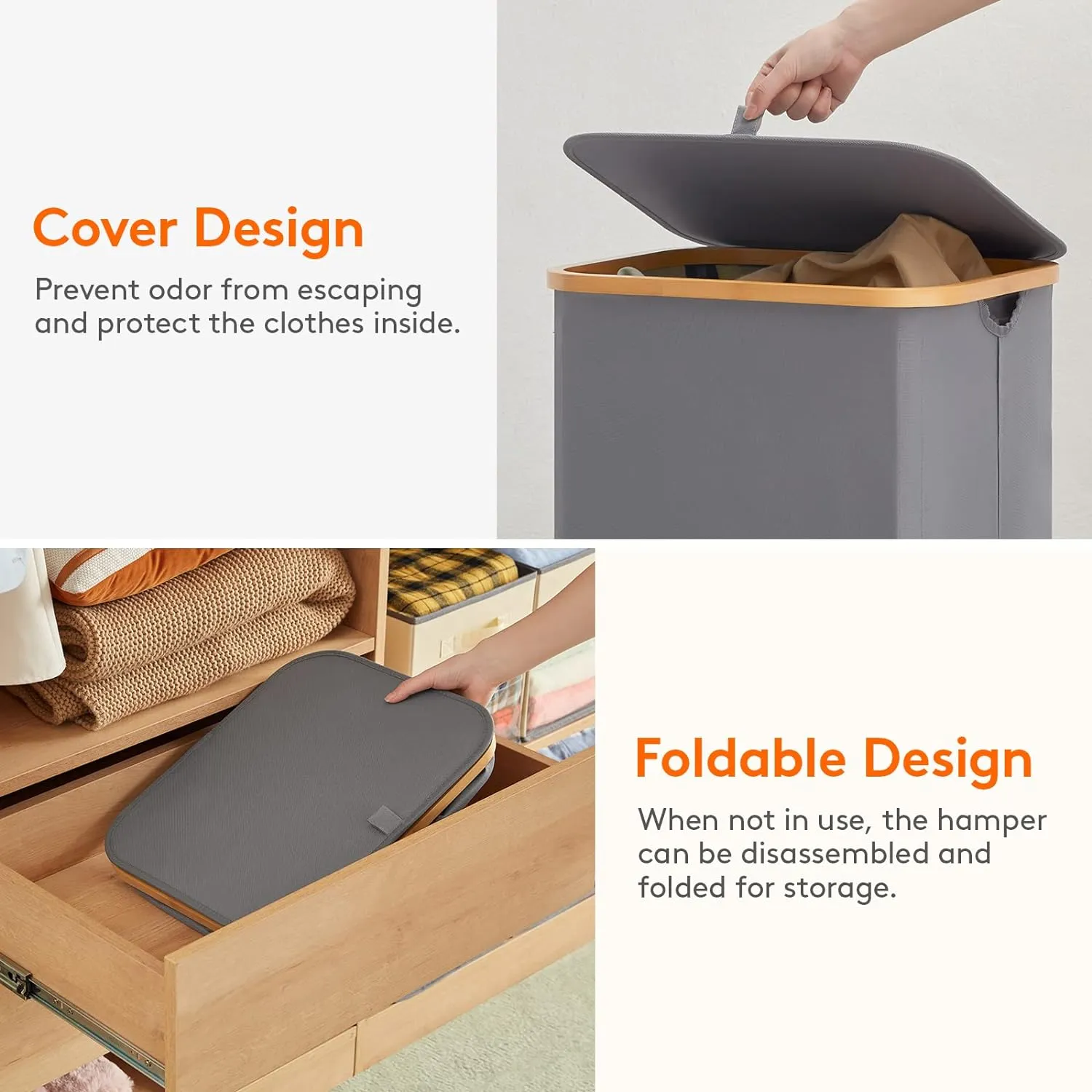 Lifewit 100L Laundry Basket with Lid, Clothes Hampers for Laundry with Bamboo Handles and A Removable Bag, Large Foldable Laundry Hamper for Bedroom, Bathroom, Dorm, Laundry Room, Gray