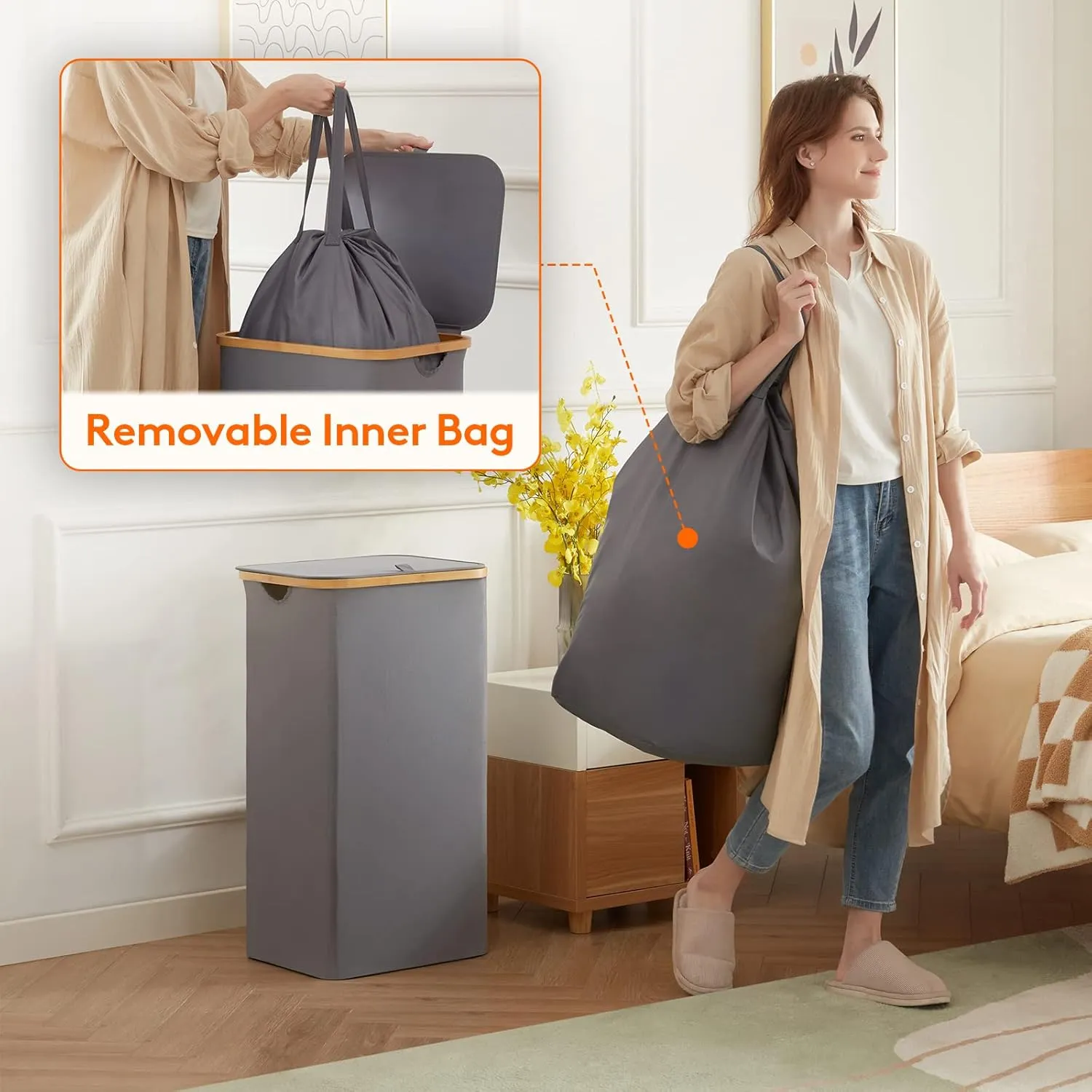 Lifewit 100L Laundry Basket with Lid, Clothes Hampers for Laundry with Bamboo Handles and A Removable Bag, Large Foldable Laundry Hamper for Bedroom, Bathroom, Dorm, Laundry Room, Gray