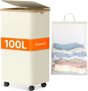 Lifewit 100L Laundry Basket with Lid, Clothes Hampers for Laundry with Bamboo Handles and A Removable Bag, Large Foldable Laundry Hamper for Bedroom, Bathroom, Dorm, Laundry Room, White with Wheels