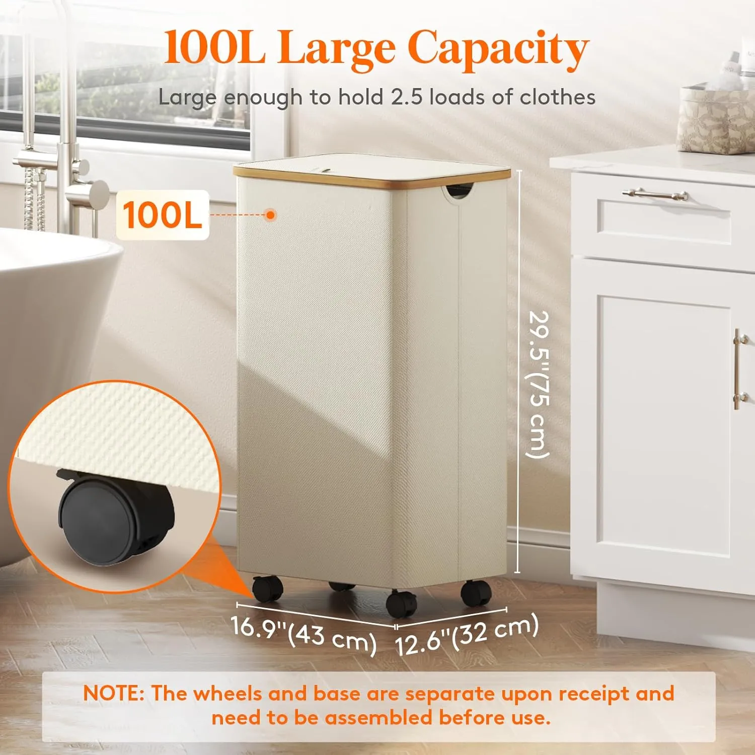 Lifewit 100L Laundry Basket with Lid, Clothes Hampers for Laundry with Bamboo Handles and A Removable Bag, Large Foldable Laundry Hamper for Bedroom, Bathroom, Dorm, Laundry Room, White with Wheels