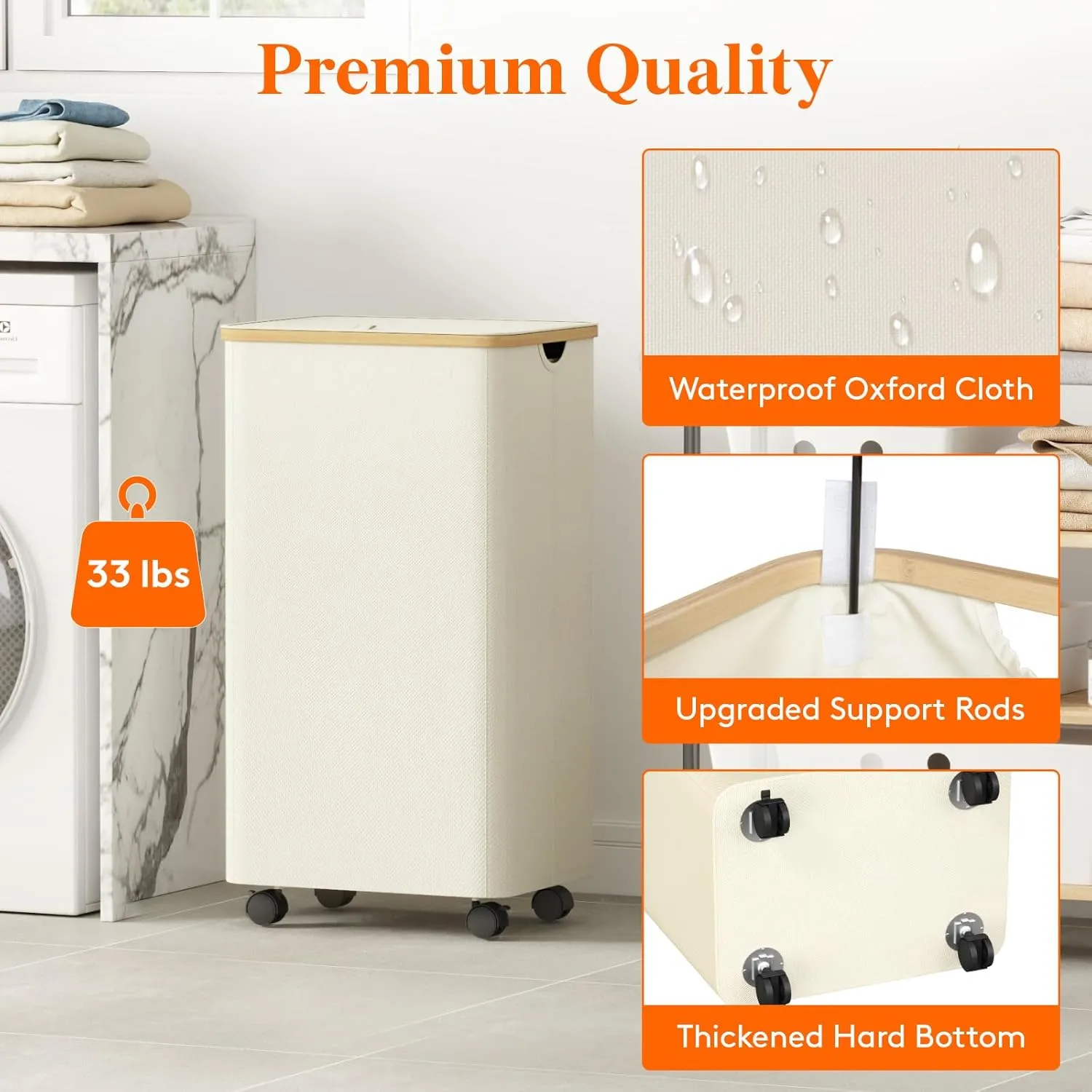 Lifewit 100L Laundry Basket with Lid, Clothes Hampers for Laundry with Bamboo Handles and A Removable Bag, Large Foldable Laundry Hamper for Bedroom, Bathroom, Dorm, Laundry Room, White with Wheels