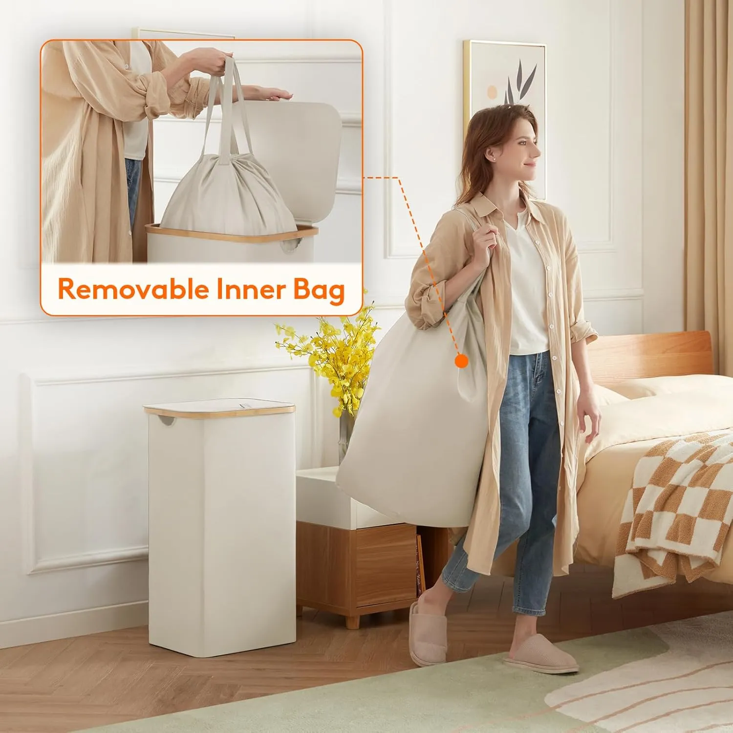 Lifewit 100L Laundry Basket with Lid, Clothes Hampers for Laundry with Bamboo Handles and A Removable Bag, Large Foldable Laundry Hamper for Bedroom, Bathroom, Dorm, Laundry Room, White