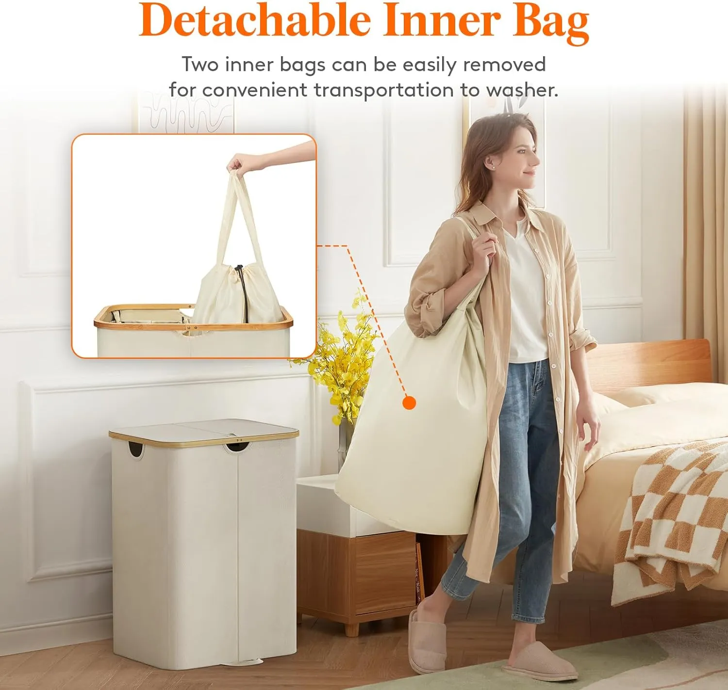 Lifewit 150L Double Laundry Hamper with Lid, Large Laundry Basket with Bamboo Handles and Removable Laundry Bags, Foldable Clothes Hampers for Laundry for Bedroom, Bathroom, Dorm, Laundry Room, Beige