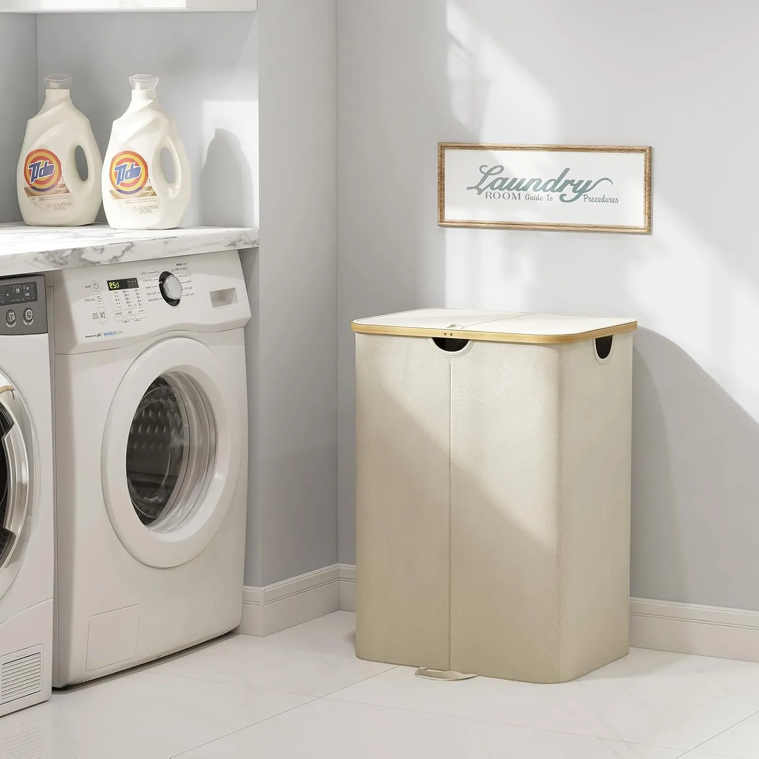 Lifewit 150L Double Laundry Hamper with Lid, Large Laundry Basket with Bamboo Handles and Removable Laundry Bags, Foldable Clothes Hampers for Laundry for Bedroom, Bathroom, Dorm, Laundry Room, Beige