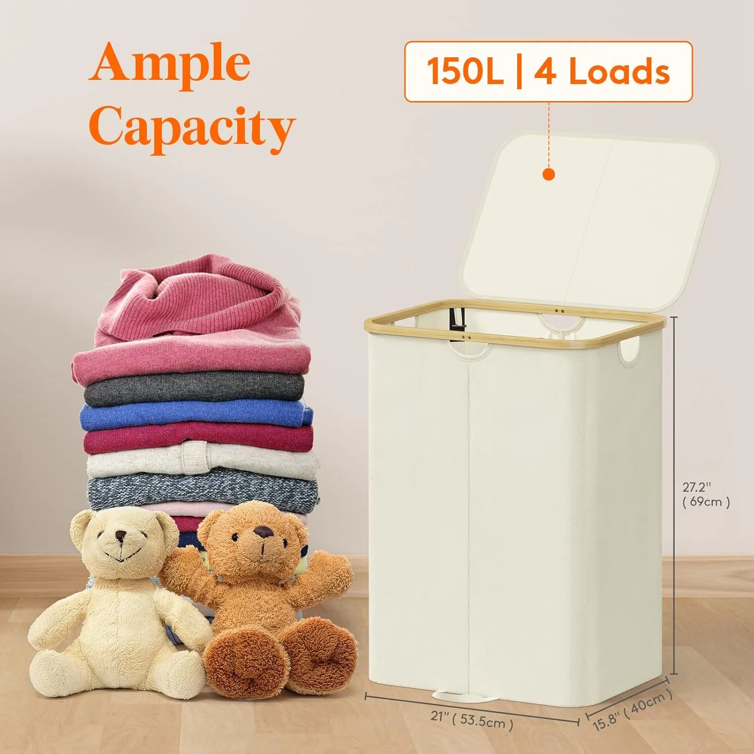 Lifewit 150L Double Laundry Hamper with Lid, Large Laundry Basket with Bamboo Handles and Removable Laundry Bags, Foldable Clothes Hampers for Laundry for Bedroom, Bathroom, Dorm, Laundry Room, Beige