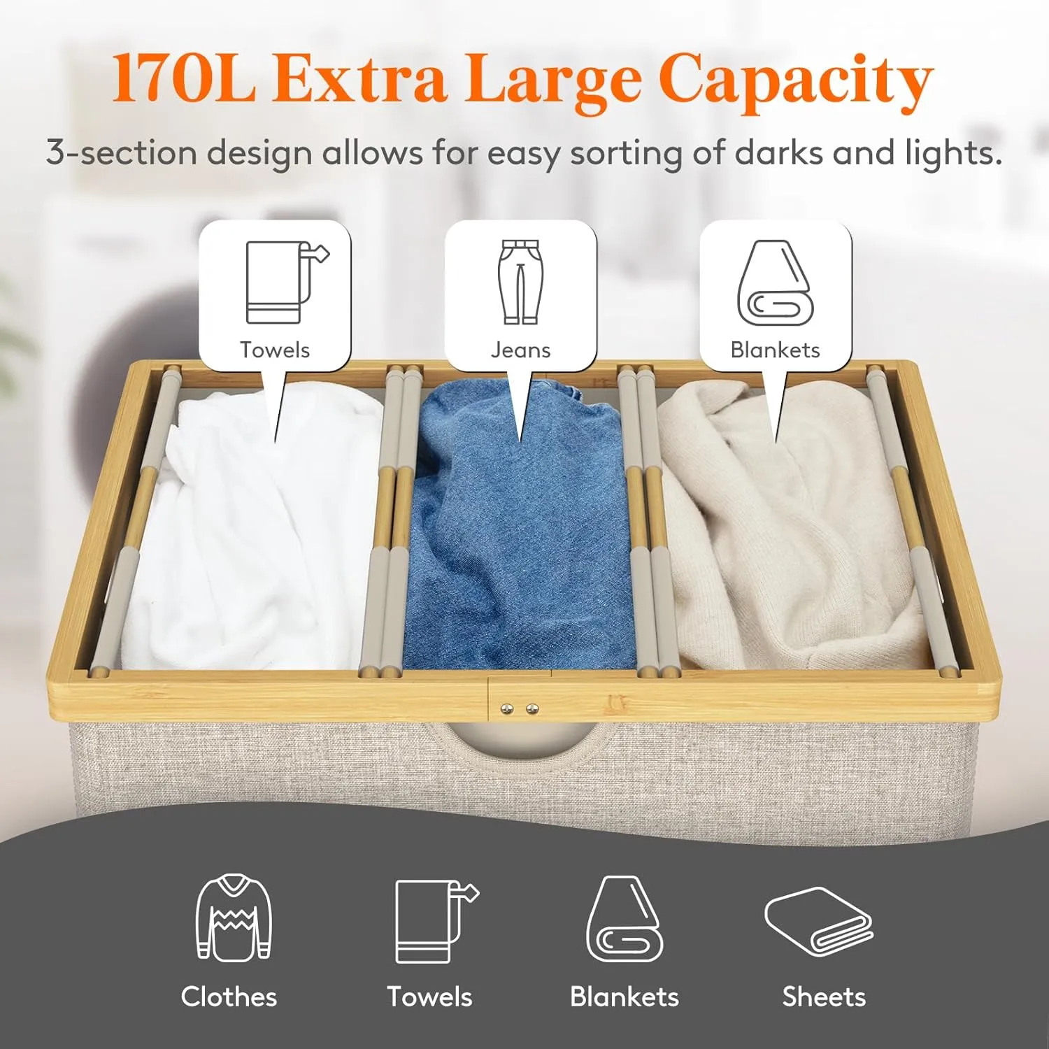 Lifewit 170L Triple Laundry Hamper with Lid, Extra Large Bamboo Laundry Basket Dirty Clothes Hamper,3 Section Laundry Bin Organizer for Laundry Room Bedroom with 3 Removable Liners & Bags, Beige