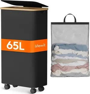 Lifewit 80L Laundry Basket with Lid, Clothes Hampers for Laundry with Bamboo Handles and A Removable Bag, Large Foldable Laundry Hamper for Bedroom, Bathroom, Dorm, Laundry Room, Black with Wheels