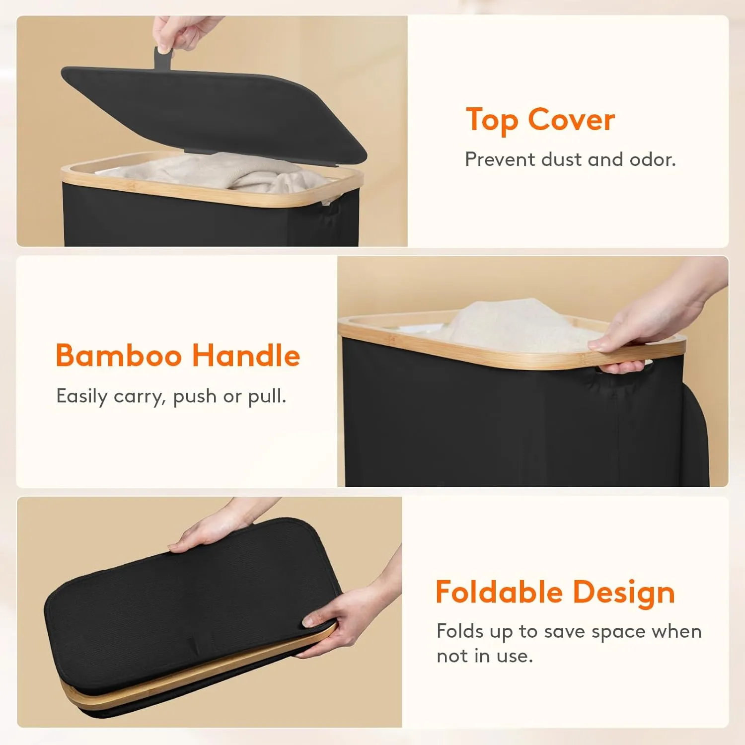 Lifewit 80L Laundry Basket with Lid, Clothes Hampers for Laundry with Bamboo Handles and A Removable Bag, Large Foldable Laundry Hamper for Bedroom, Bathroom, Dorm, Laundry Room, Black with Wheels