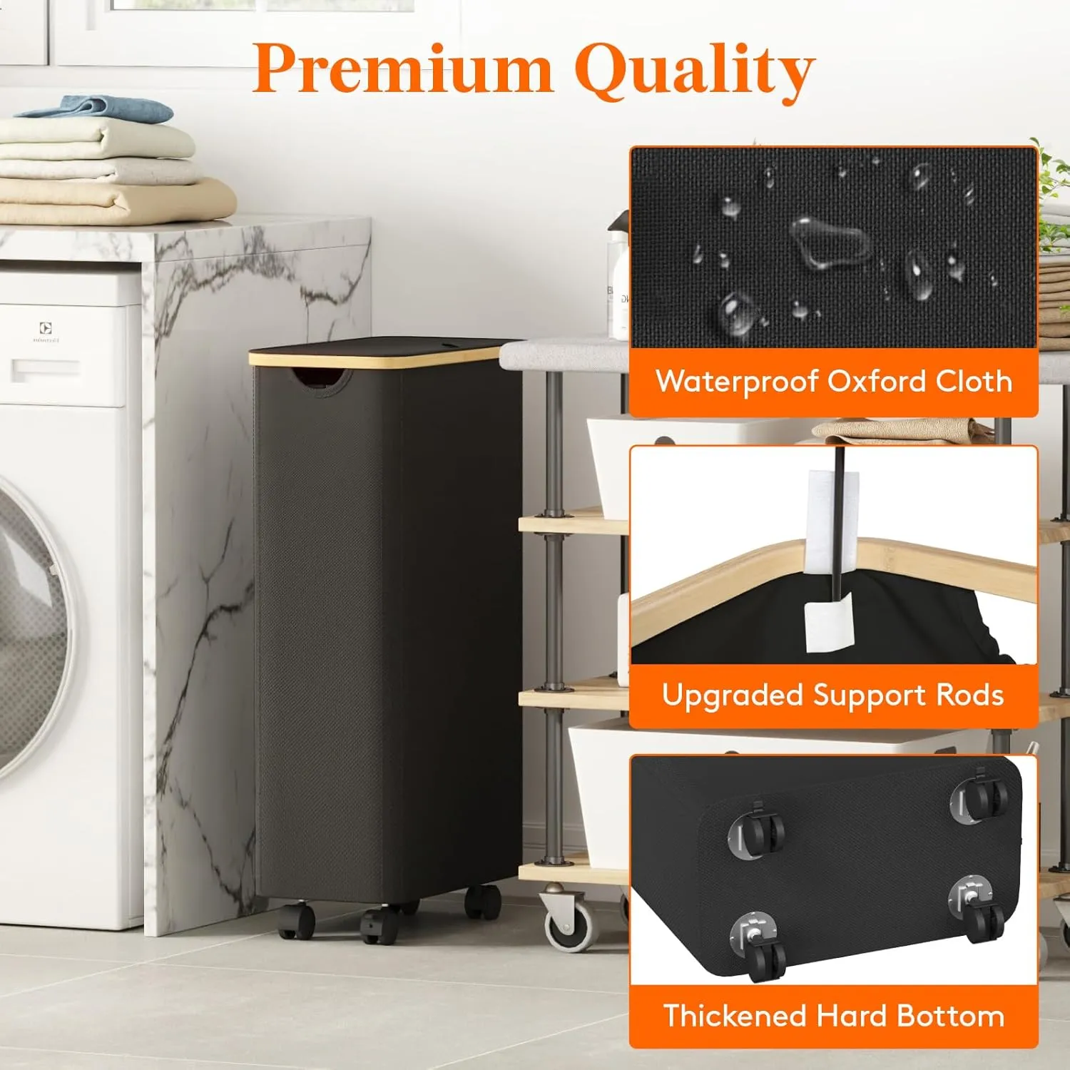 Lifewit 80L Laundry Basket with Lid, Clothes Hampers for Laundry with Bamboo Handles and A Removable Bag, Large Foldable Laundry Hamper for Bedroom, Bathroom, Dorm, Laundry Room, Black with Wheels