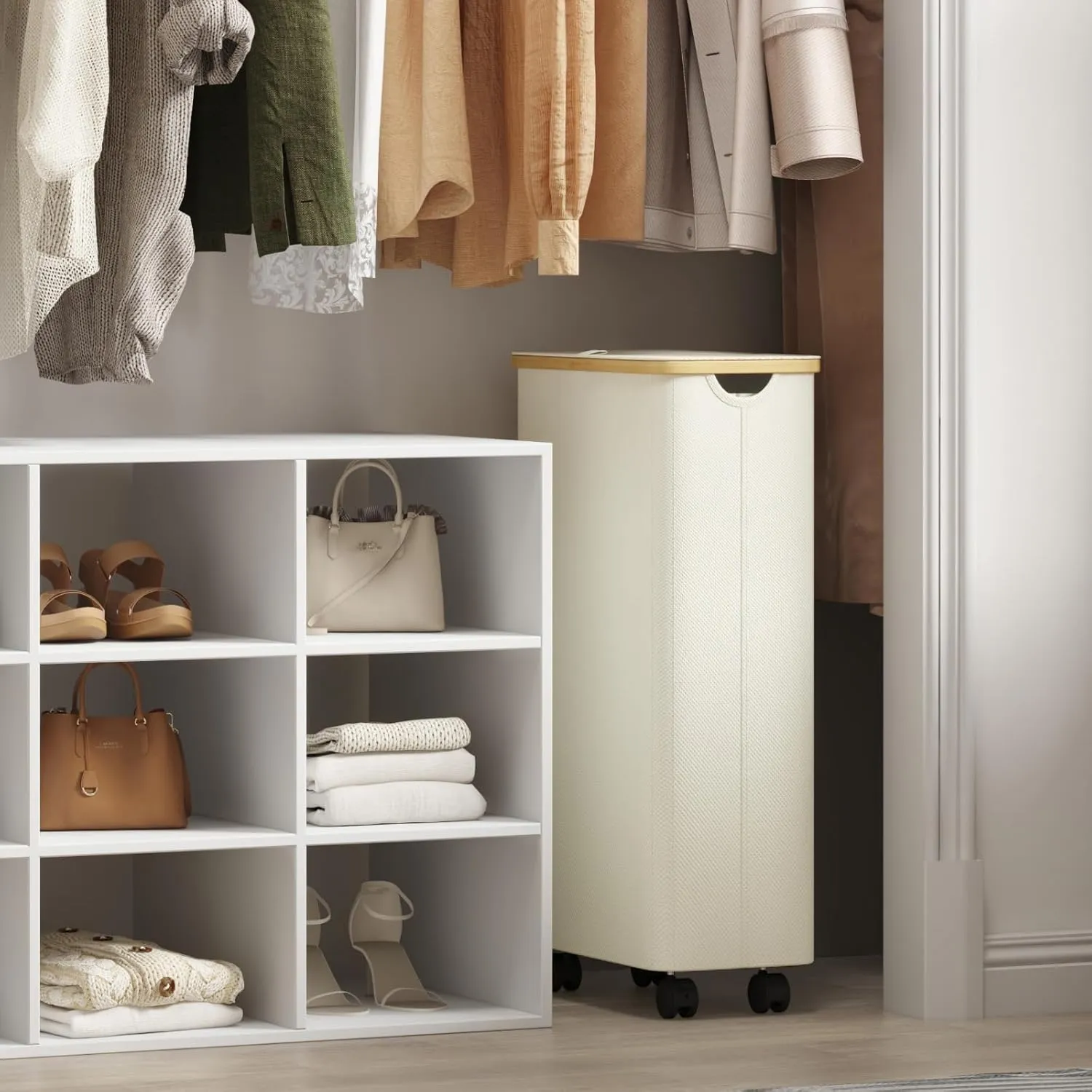 Lifewit 80L Laundry Basket with Lid, Clothes Hampers for Laundry with Bamboo Handles and A Removable Bag, Large Foldable Laundry Hamper for Bedroom, Bathroom, Dorm, Laundry Room, White with Wheels