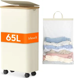 Lifewit 80L Laundry Basket with Lid, Clothes Hampers for Laundry with Bamboo Handles and A Removable Bag, Large Foldable Laundry Hamper for Bedroom, Bathroom, Dorm, Laundry Room, White with Wheels