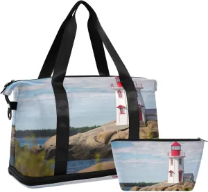 Lighthouse on Coast Gym Bag - Weekender Overnight Bags for Women Men, Sport Travel Duffel Bag with Wet Pocket & Shoe Compartment