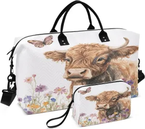 Little Calf Cattle in Wildflowers Travel Duffel Bag, Shoulder Weekender Overnight Bags - Large Gym Bag with Wet Pocket