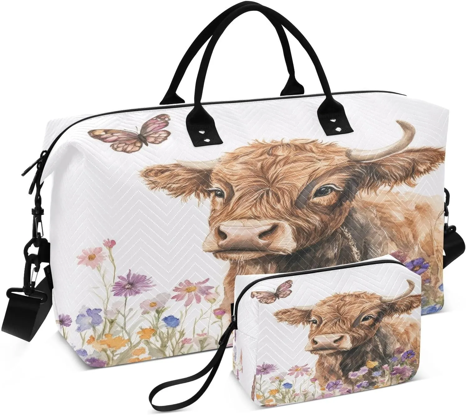Little Calf Cattle in Wildflowers Travel Duffel Bag, Shoulder Weekender Overnight Bags - Large Gym Bag with Wet Pocket