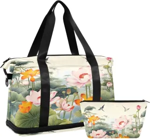 Lotus Flowers Garden Duffel Bag Lightweight Carry On Gym Bags for Travel and Weekends, Versatile Overnight Bag with Shoe Compartment