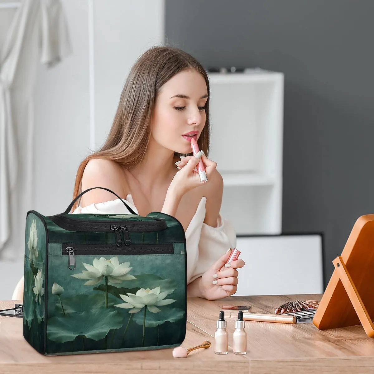 Lotus Travel Toiletry Bag for Women Large Capacity Wide-open Makeup Organizer Cosmetic Travel Bags for Toiletries, Flowers